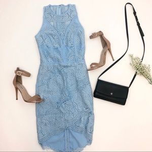 Light Blue Midi Wrap Lace Dress